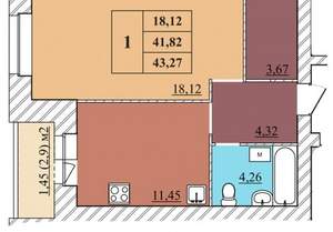 1-к квартира, сданный дом, 43м2, 1/5 этаж