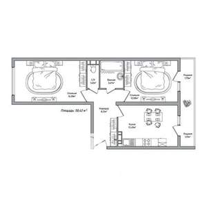 2-к квартира, строящийся дом, 58м2, 2/14 этаж