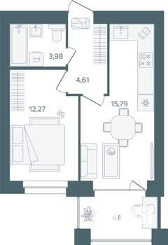 1-к квартира, строящийся дом, 39м2, 3/16 этаж