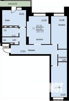 3-к квартира, строящийся дом, 89м2, 10/14 этаж