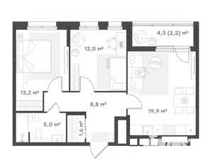 2-к квартира, вторичка, 63м2, 6/18 этаж