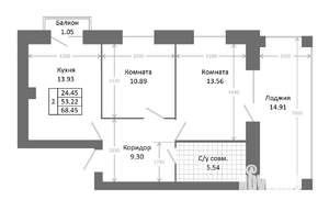 2-к квартира, строящийся дом, 69м2, 5/5 этаж