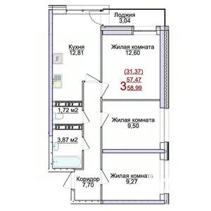 3-к квартира, строящийся дом, 59м2, 4/17 этаж