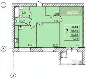 2-к квартира, строящийся дом, 70м2, 1/3 этаж