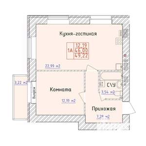 1-к квартира, вторичка, 49м2, 3/9 этаж