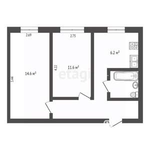 2-к квартира, вторичка, 44м2, 1/5 этаж