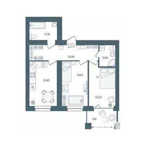 2-к квартира, строящийся дом, 64м2, 1/16 этаж