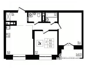 2-к квартира, вторичка, 57м2, 7/12 этаж