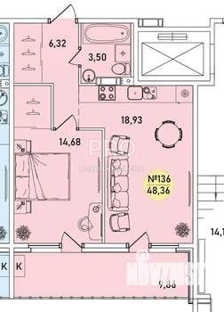 1-к квартира, вторичка, 48м2, 1/9 этаж