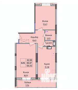 2-к квартира, вторичка, 64м2, 12/16 этаж