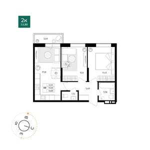 2-к квартира, вторичка, 52м2, 6/17 этаж