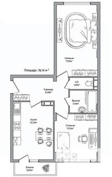 2-к квартира, вторичка, 56м2, 2/10 этаж