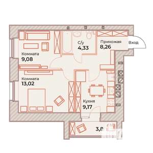 2-к квартира, вторичка, 46м2, 6/9 этаж