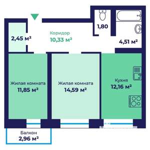 2-к квартира, строящийся дом, 59м2, 1/17 этаж