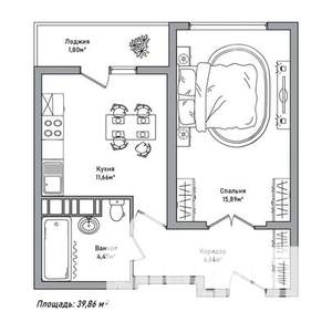 1-к квартира, строящийся дом, 40м2, 8/14 этаж