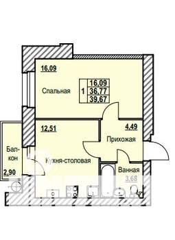 1-к квартира, строящийся дом, 40м2, 8/9 этаж