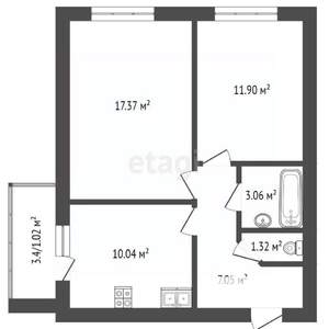 2-к квартира, вторичка, 52м2, 3/4 этаж