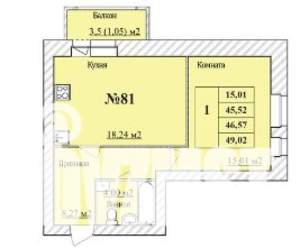 1-к квартира, вторичка, 47м2, 5/8 этаж