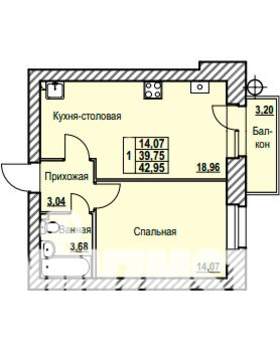 1-к квартира, строящийся дом, 43м2, 5/9 этаж