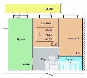 2-к квартира, вторичка, 65м2, 2/12 этаж