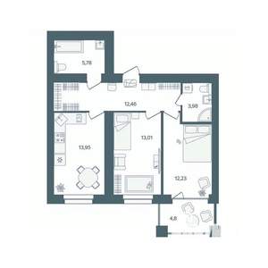 2-к квартира, строящийся дом, 64м2, 2/16 этаж