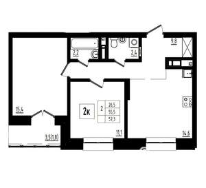 2-к квартира, вторичка, 57м2, 7/12 этаж