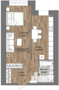1-к квартира, вторичка, 50м2, 2/15 этаж