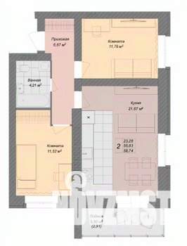 2-к квартира, сданный дом, 59м2, 3/9 этаж