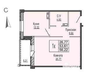 1-к квартира, строящийся дом, 56м2, 4/8 этаж