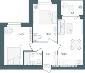 2-к квартира, строящийся дом, 61м2, 2/16 этаж