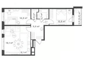 2-к квартира, вторичка, 71м2, 4/18 этаж