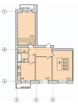 3-к квартира, строящийся дом, 89м2, 2/3 этаж