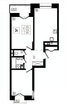2-к квартира, вторичка, 59м2, 7/12 этаж