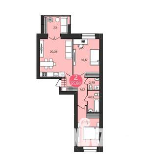 2-к квартира, вторичка, 66м2, 4/4 этаж