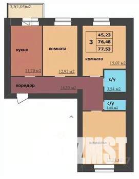 3-к квартира, строящийся дом, 78м2, 15/16 этаж