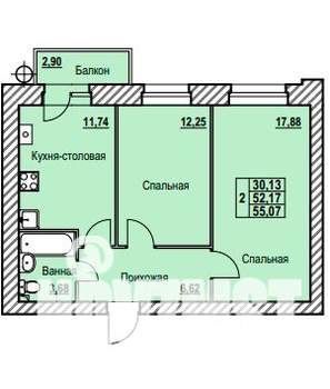 2-к квартира, строящийся дом, 55м2, 4/9 этаж