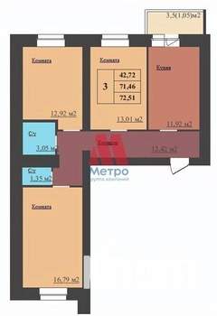 3-к квартира, сданный дом, 73м2, 16/17 этаж
