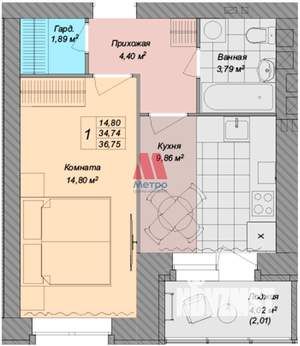 1-к квартира, вторичка, 37м2, 1/9 этаж