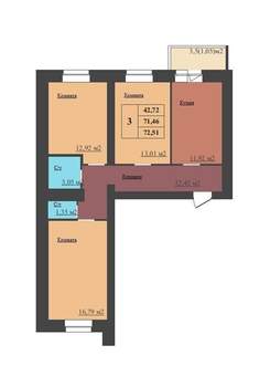 3-к квартира, строящийся дом, 73м2, 16/16 этаж