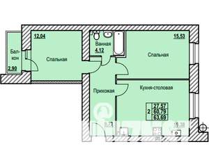 2-к квартира, строящийся дом, 64м2, 6/9 этаж
