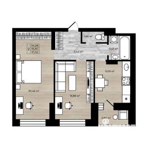 2-к квартира, вторичка, 57м2, 1/14 этаж