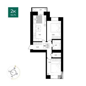 2-к квартира, вторичка, 56м2, 1/12 этаж