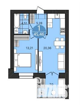 1-к квартира, строящийся дом, 45м2, 2/4 этаж