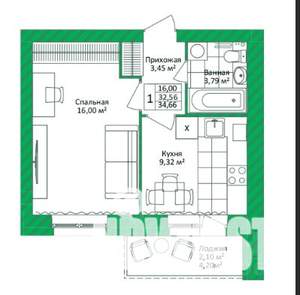 1-к квартира, вторичка, 35м2, 9/10 этаж