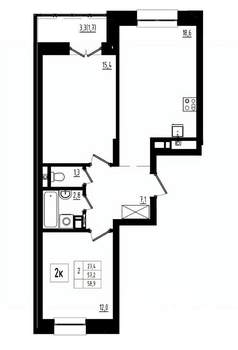 2-к квартира, вторичка, 59м2, 1/12 этаж