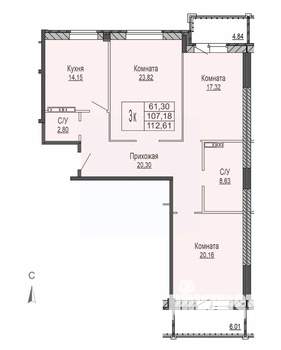 3-к квартира, вторичка, 113м2, 3/8 этаж