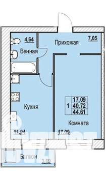 1-к квартира, строящийся дом, 45м2, 4/10 этаж