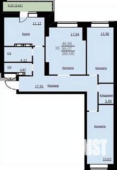 3-к квартира, строящийся дом, 89м2, 1/14 этаж