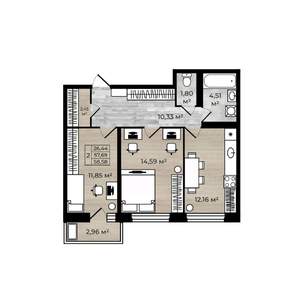 2-к квартира, вторичка, 59м2, 16/18 этаж