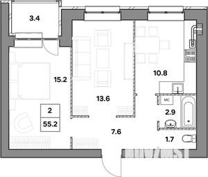 2-к квартира, строящийся дом, 55м2, 4/4 этаж